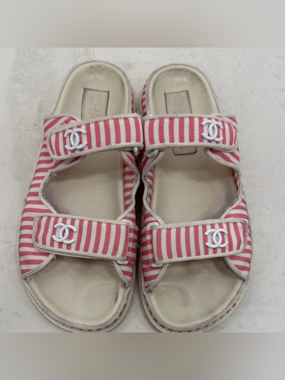 Chanel Red and White Striped Cloth Dad Sandals Size US Women’s 8